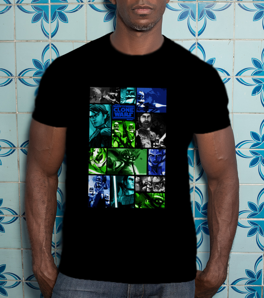 Star Wars The Clone Wars Character Montage Panels Featuring Iconic Heroes And Villains T-Shirt