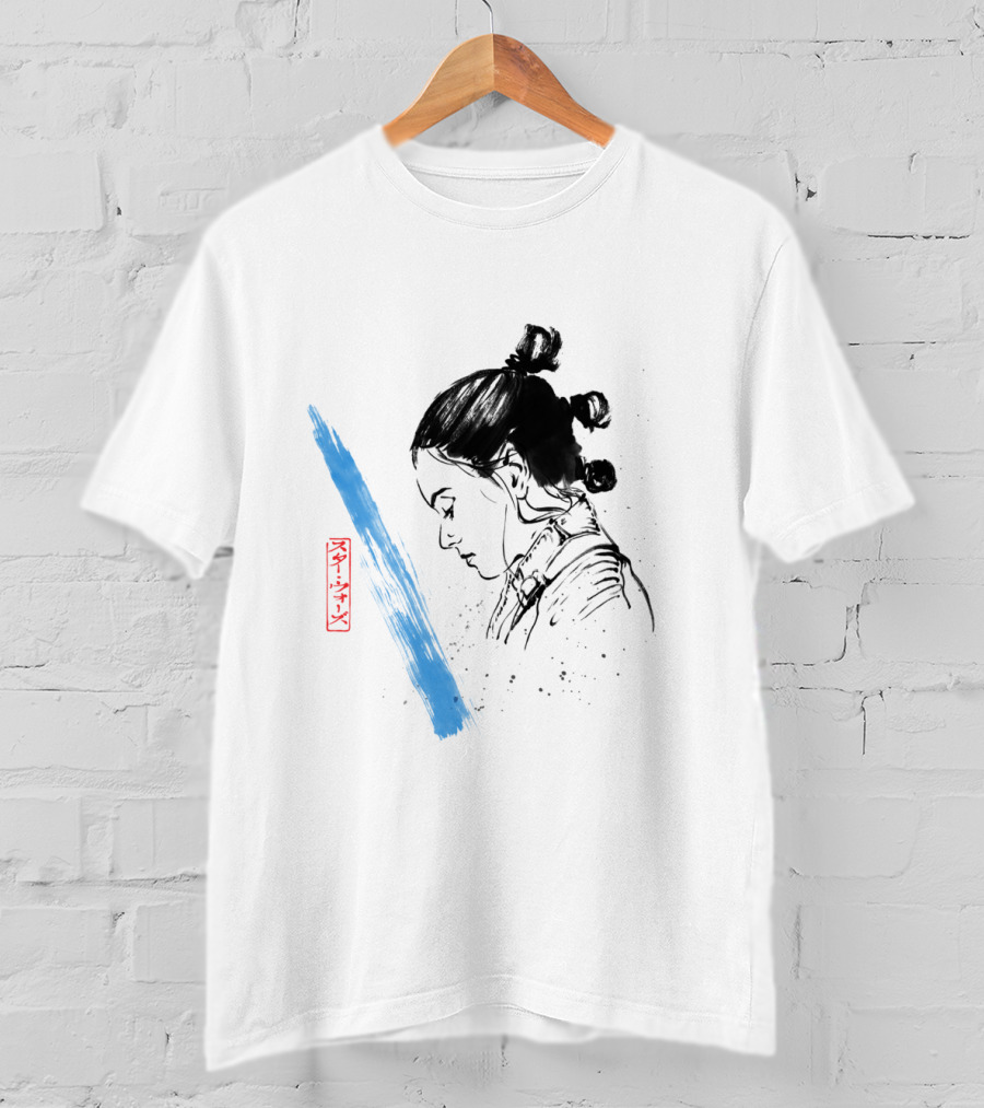 Star Wars The Last Jedi Rey Watercolor Sketch Profile With Blue Brushstroke And Red Kanji Markings T-Shirt