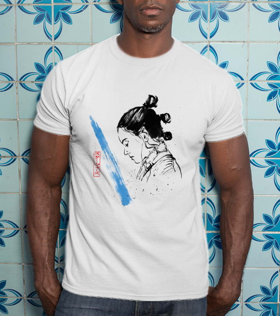 Star Wars The Last Jedi Rey Watercolor Sketch Profile With Blue Brushstroke And Red Kanji Markings T-Shirt