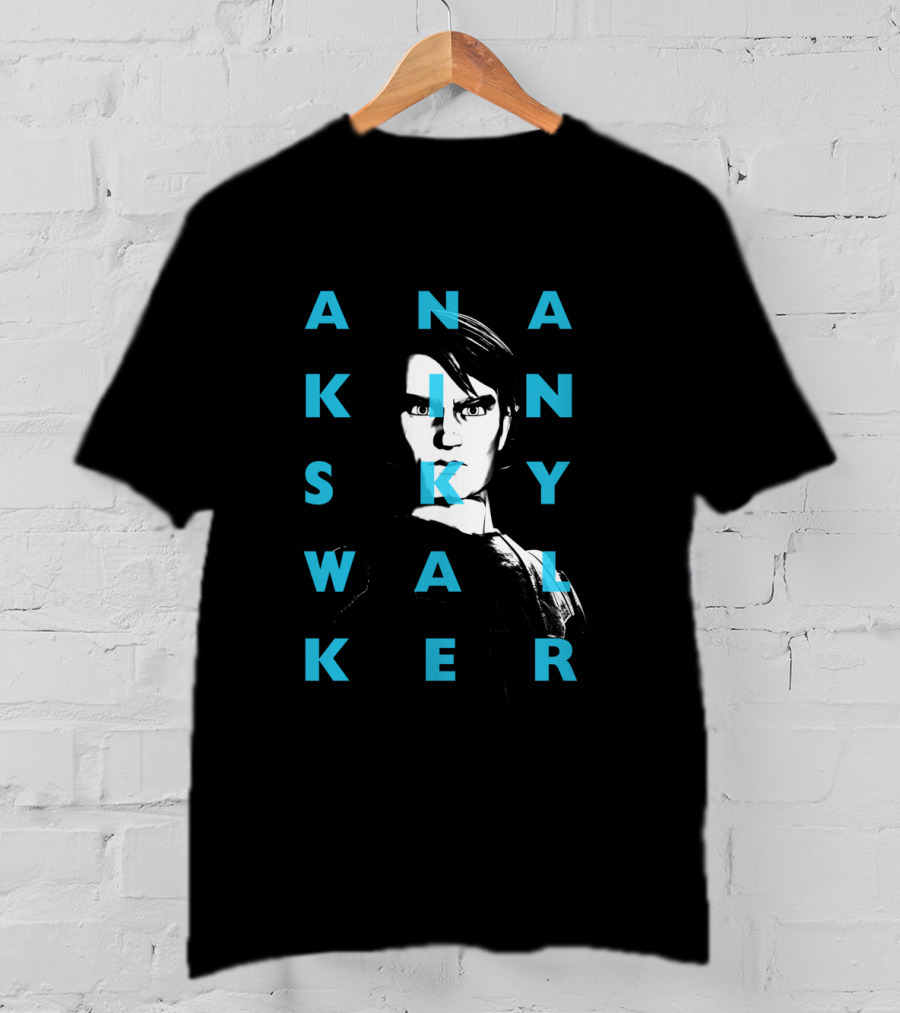 The Clone Wars Anakin Skywalker Text Overlay Black And Blue T-Shirt