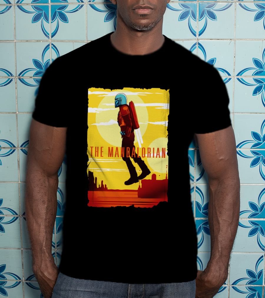 The Mandalorian Jet Pack Floating Scene With Yellow T-Shirt