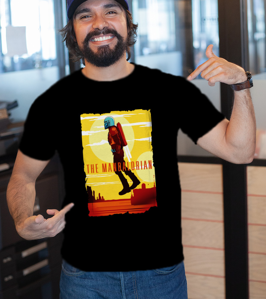 The Mandalorian Jet Pack Floating Scene With Yellow T-Shirt