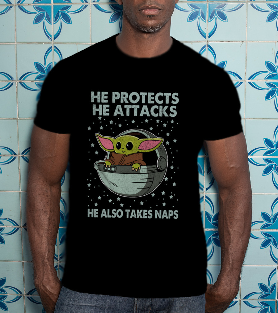 The Mandalorian The Child He Protects He Attacks He Also Takes Naps T-Shirt