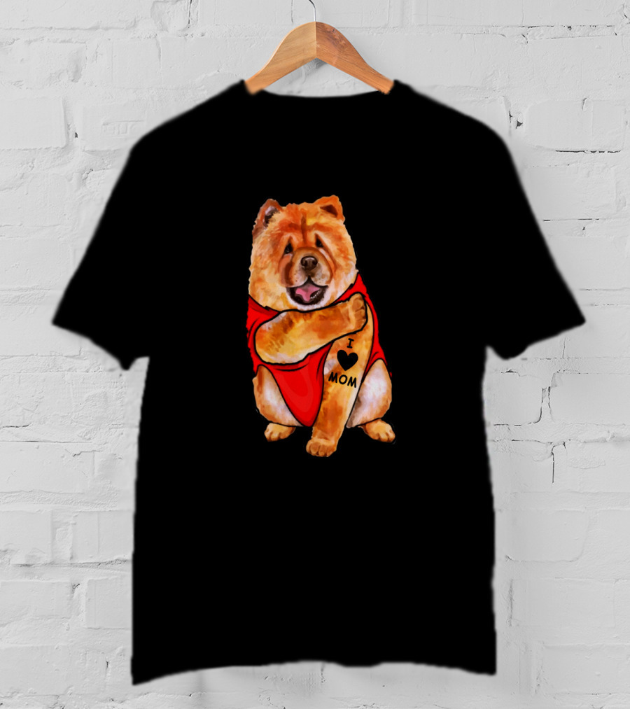 Chow Chow Dog In Red Outfit With I Love Mom Tattoo T-Shirt