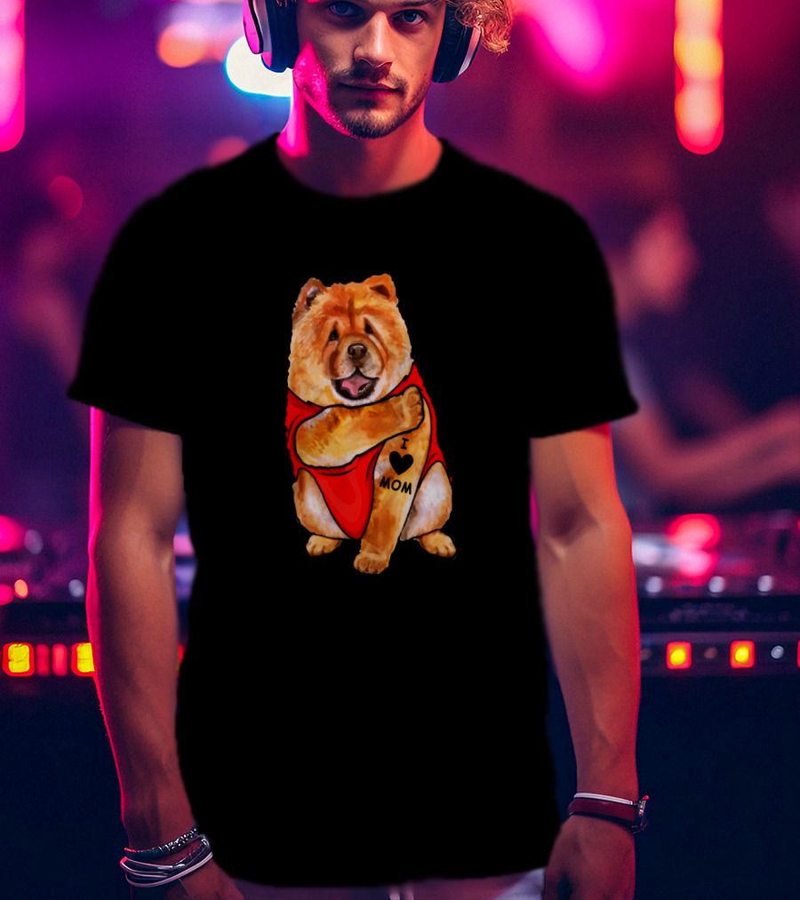 Chow Chow Dog In Red Outfit With I Love Mom Tattoo T-Shirt