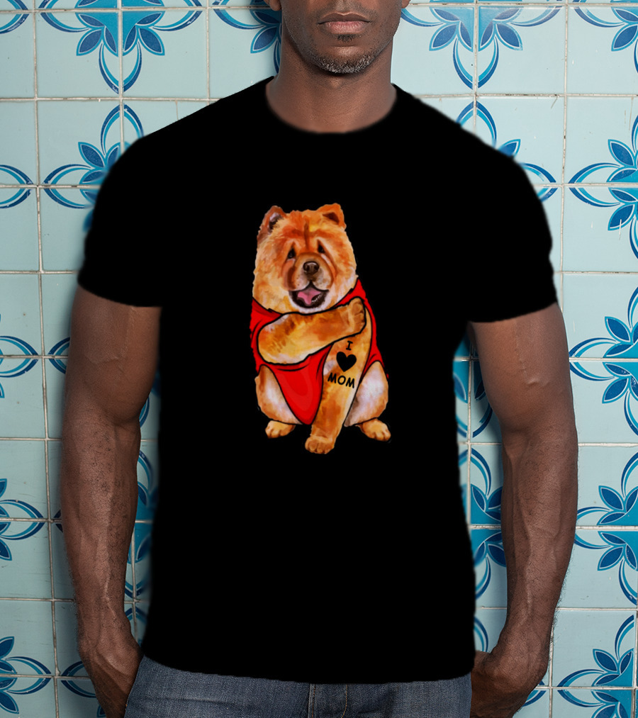Chow Chow Dog In Red Outfit With I Love Mom Tattoo T-Shirt