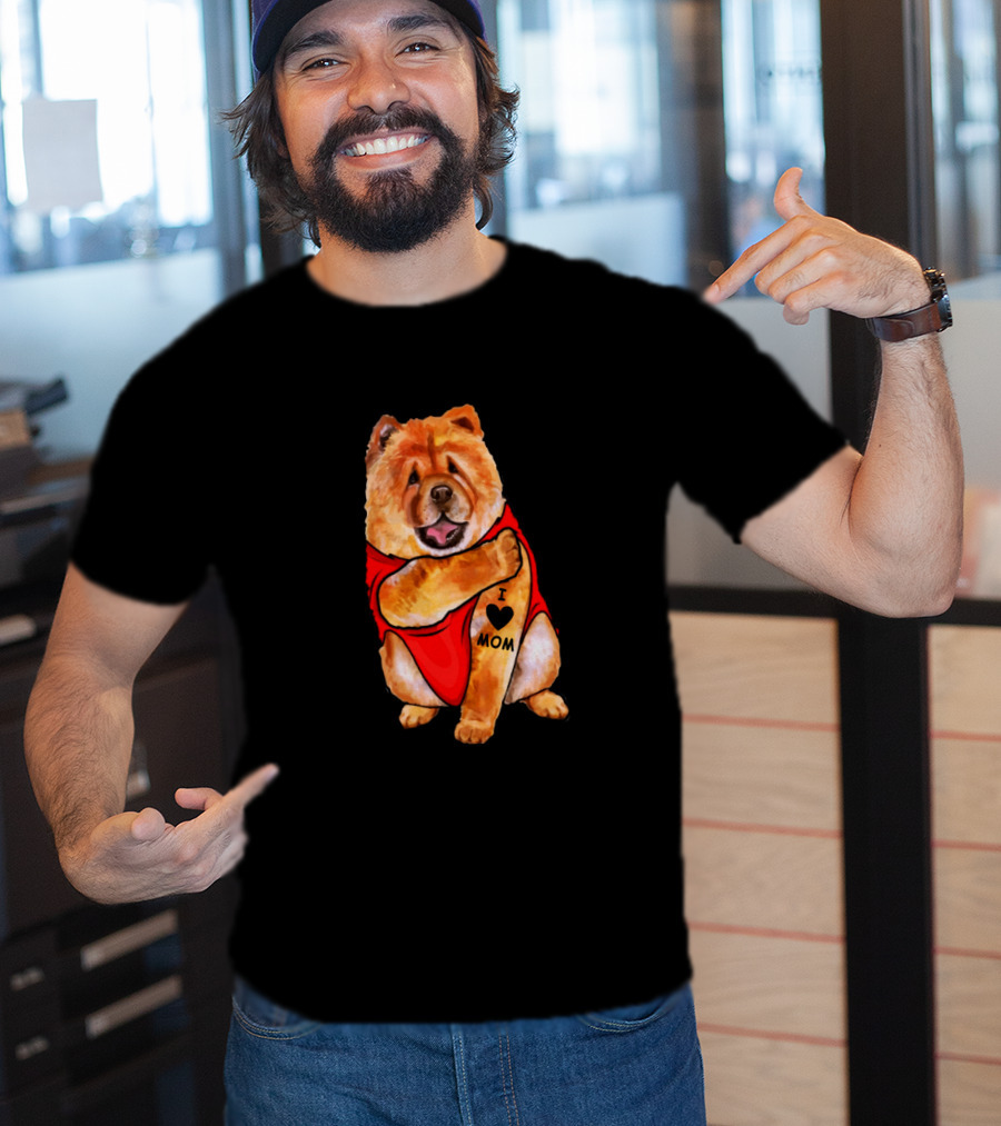 Chow Chow Dog In Red Outfit With I Love Mom Tattoo T-Shirt