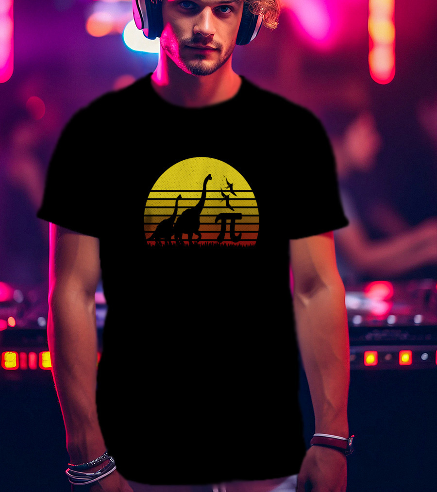 Retro Vintage Dinosaur Pi Day Sunset Scene T-Shirt