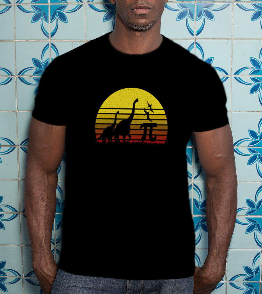 Retro Vintage Dinosaur Pi Day Sunset Scene T-Shirt