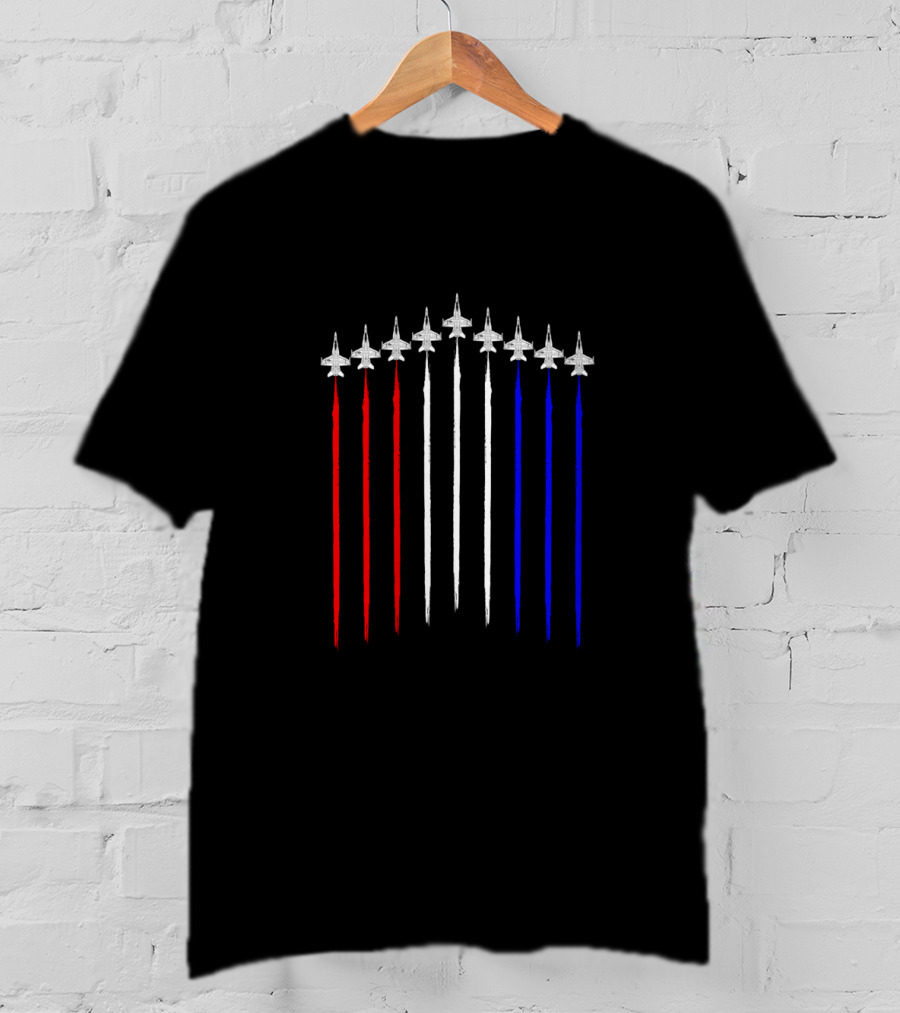 F18 Hornet Schematic Contrails In Red White Blue USA Flag T-Shirt
