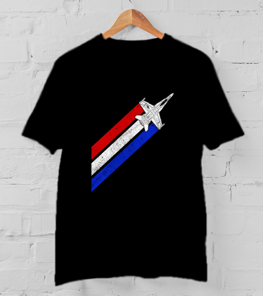 F18 Hornet Airplane Schematic Red White Blue Vintage Stripes T-Shirt