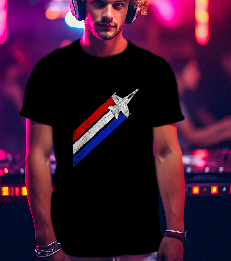 F18 Hornet Airplane Schematic Red White Blue Vintage Stripes T-Shirt