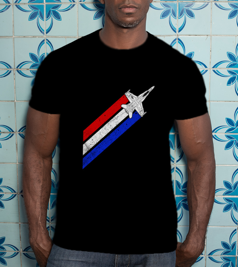 F18 Hornet Airplane Schematic Red White Blue Vintage Stripes T-Shirt