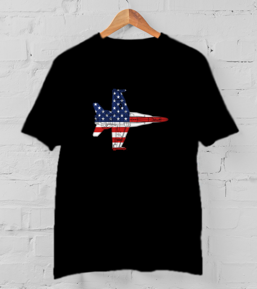F18 Hornet Military Airplane Schematic American Flag T-Shirt
