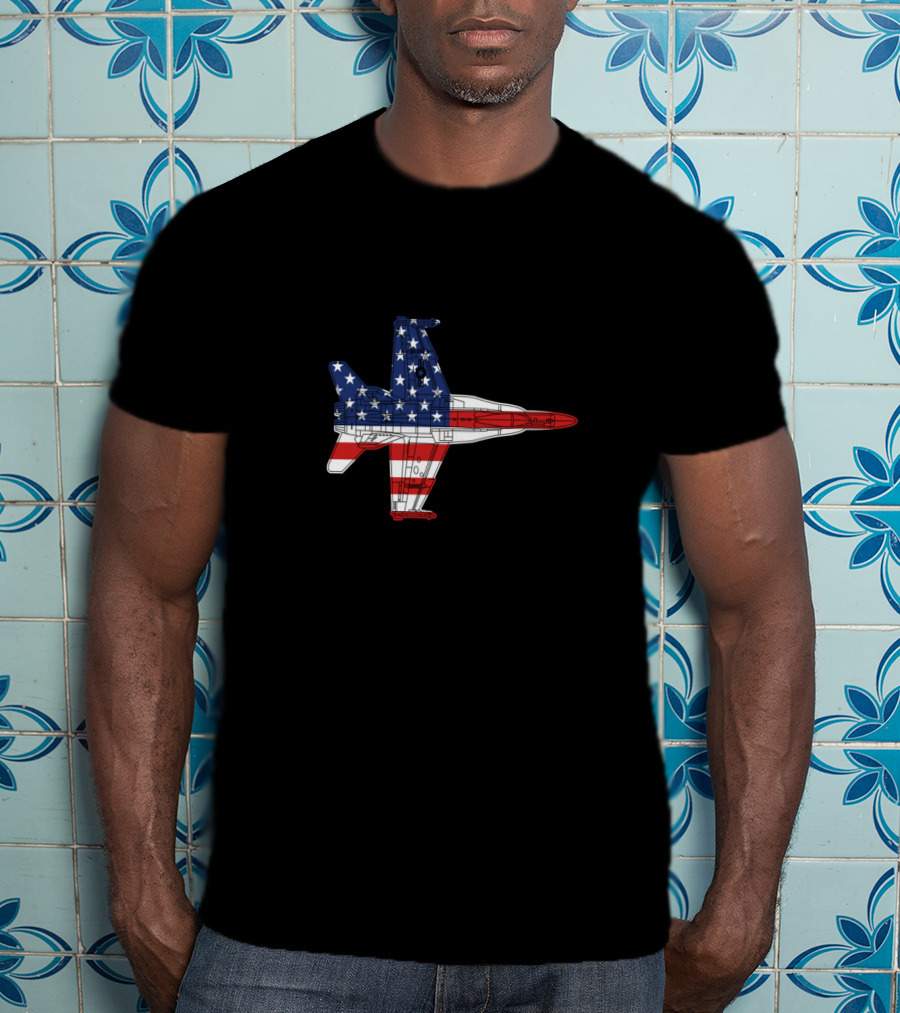 F18 Hornet Military Airplane Schematic American Flag T-Shirt