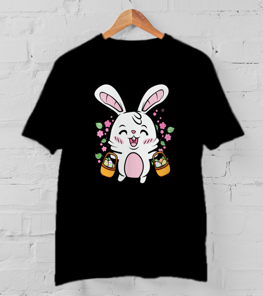 Kids Easter Bunny With Baskets Cute Egg Hunt Colorful Spring Flowers T-Shirt