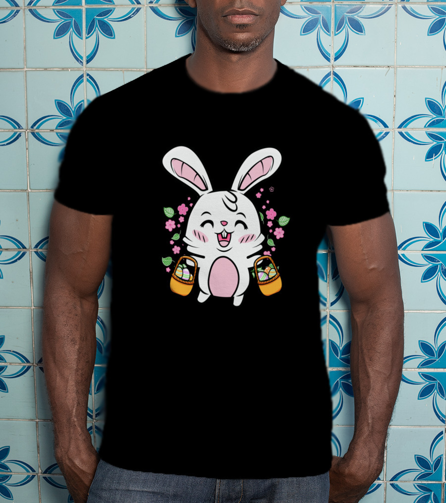Kids Easter Bunny With Baskets Cute Egg Hunt Colorful Spring Flowers T-Shirt