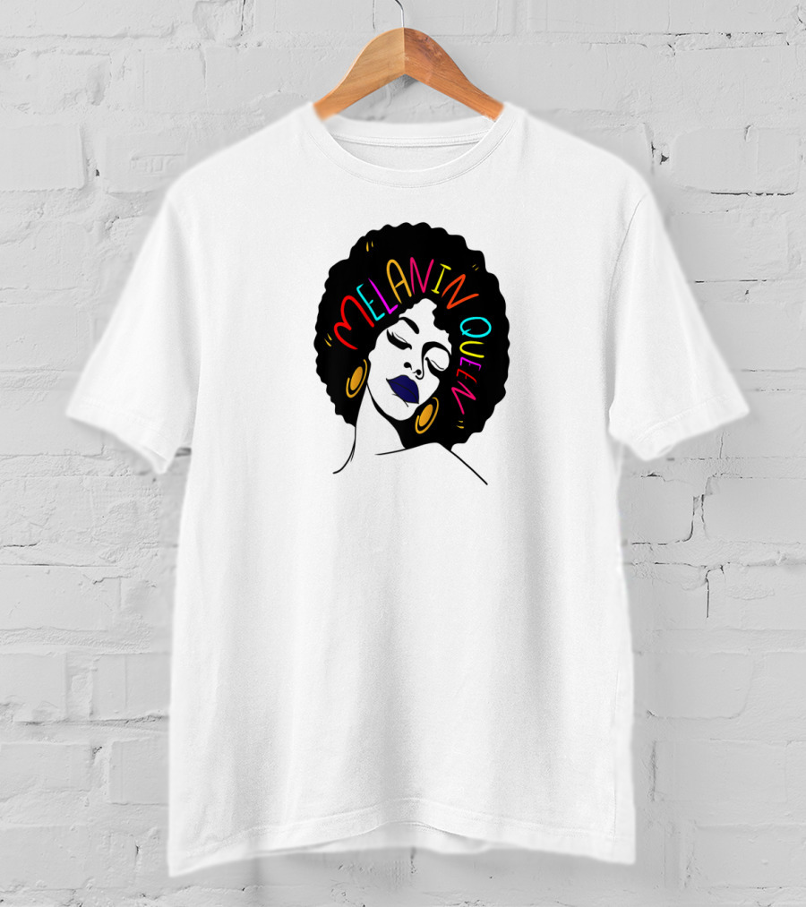 Melanin Queen Afro American Afro Latina Proud Black Woman Raglan Afro Hairstyle Bold Colors Gold Hoop Earrings T-Shirt