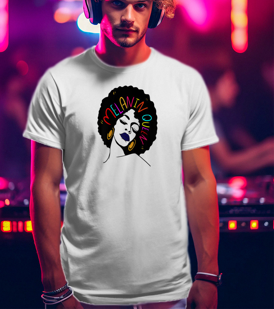Melanin Queen Afro American Afro Latina Proud Black Woman Raglan Afro Hairstyle Bold Colors Gold Hoop Earrings T-Shirt