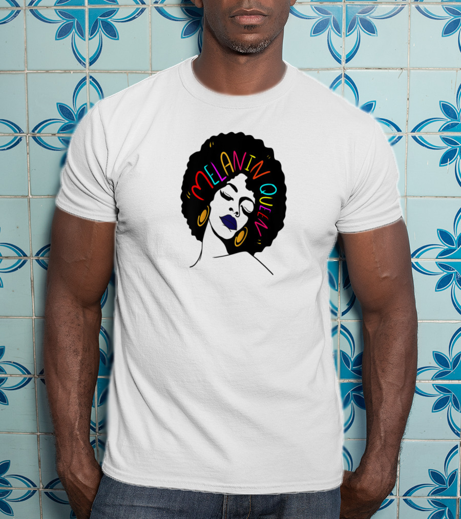 Melanin Queen Afro American Afro Latina Proud Black Woman Raglan Afro Hairstyle Bold Colors Gold Hoop Earrings T-Shirt