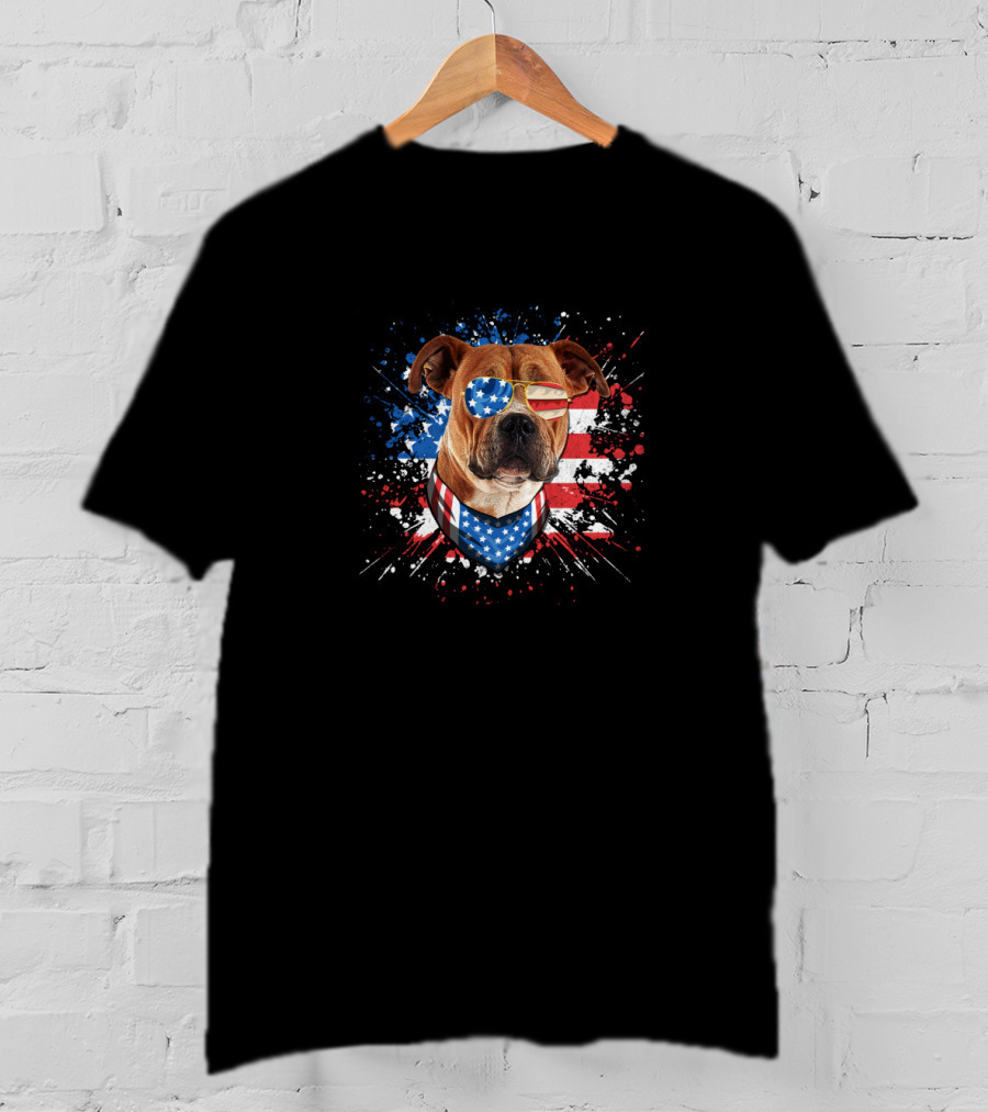 Pitbull Dog Lover American Flag Glasses Bandana Fourth Of July Funny Dog T-Shirt