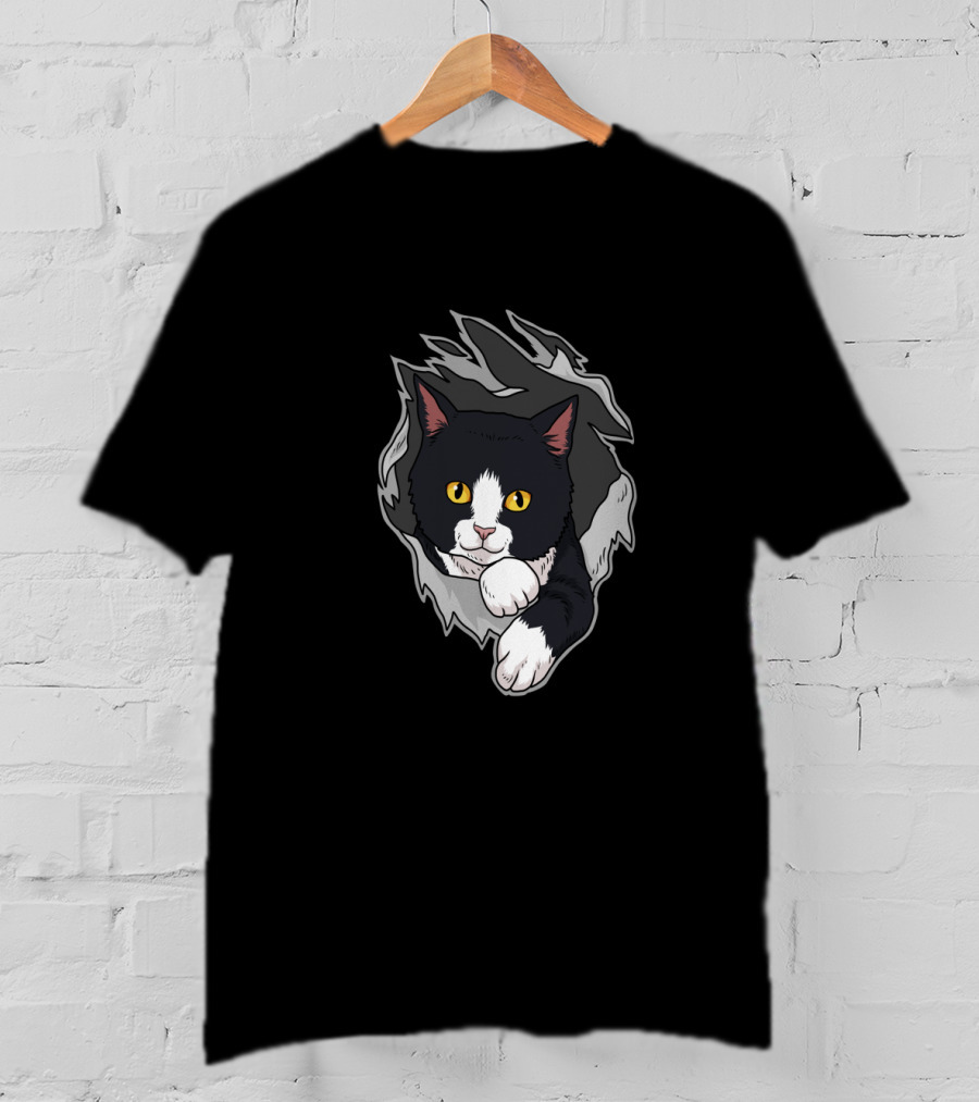 Tuxedo Cat Breaking Through For Women Men And Kitten Lovers T-Shirt