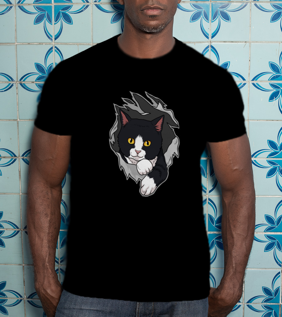 Tuxedo Cat Breaking Through For Women Men And Kitten Lovers T-Shirt
