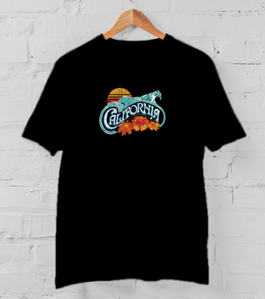 Retro Surf Wave California 80's Sunburst And Florals T-Shirt