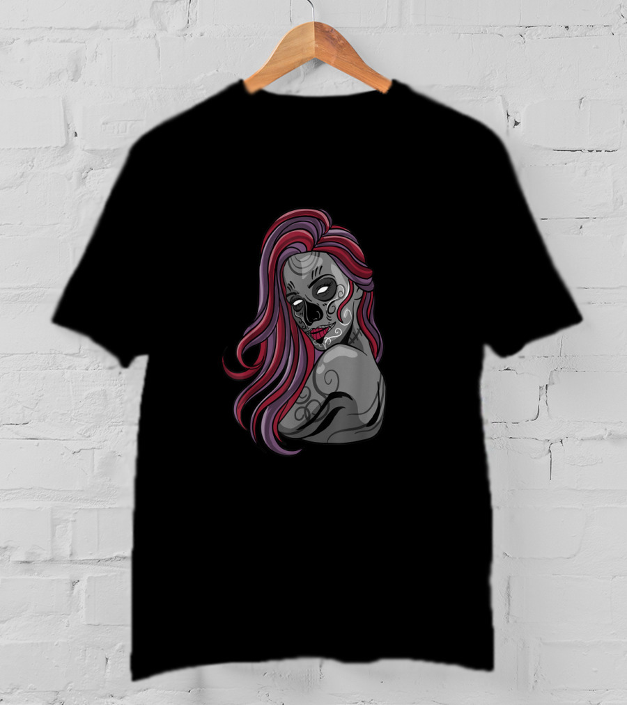 Zombie Girl Cute Undead Living Dead With Pink Hair And Skull Face T-Shirt