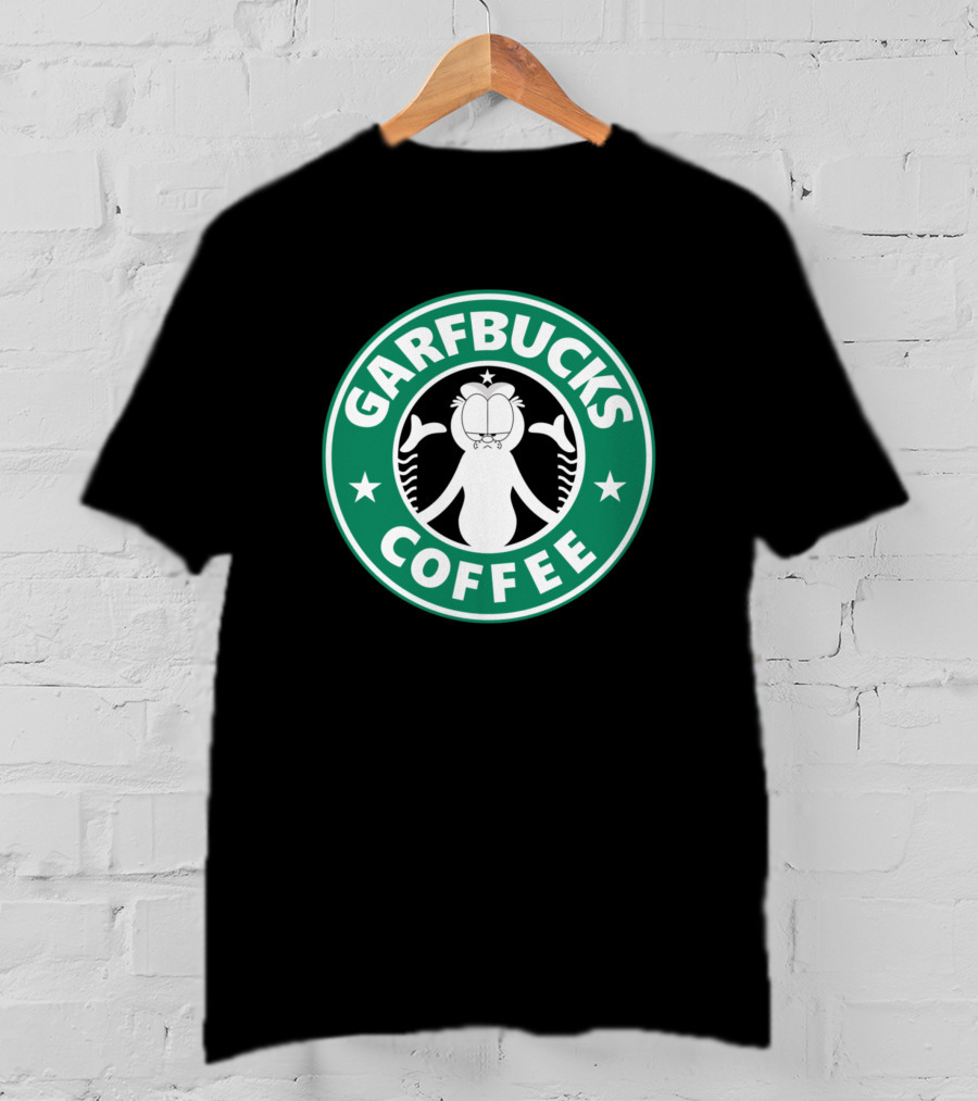 Garfield Garfbucks Coffee Logo Parody With Green Circle Stars And Cartoon Cat T-Shirt