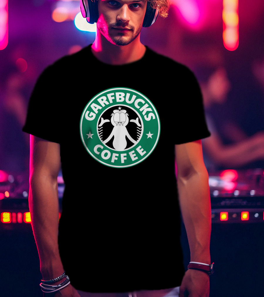 Garfield Garfbucks Coffee Logo Parody With Green Circle Stars And Cartoon Cat T-Shirt