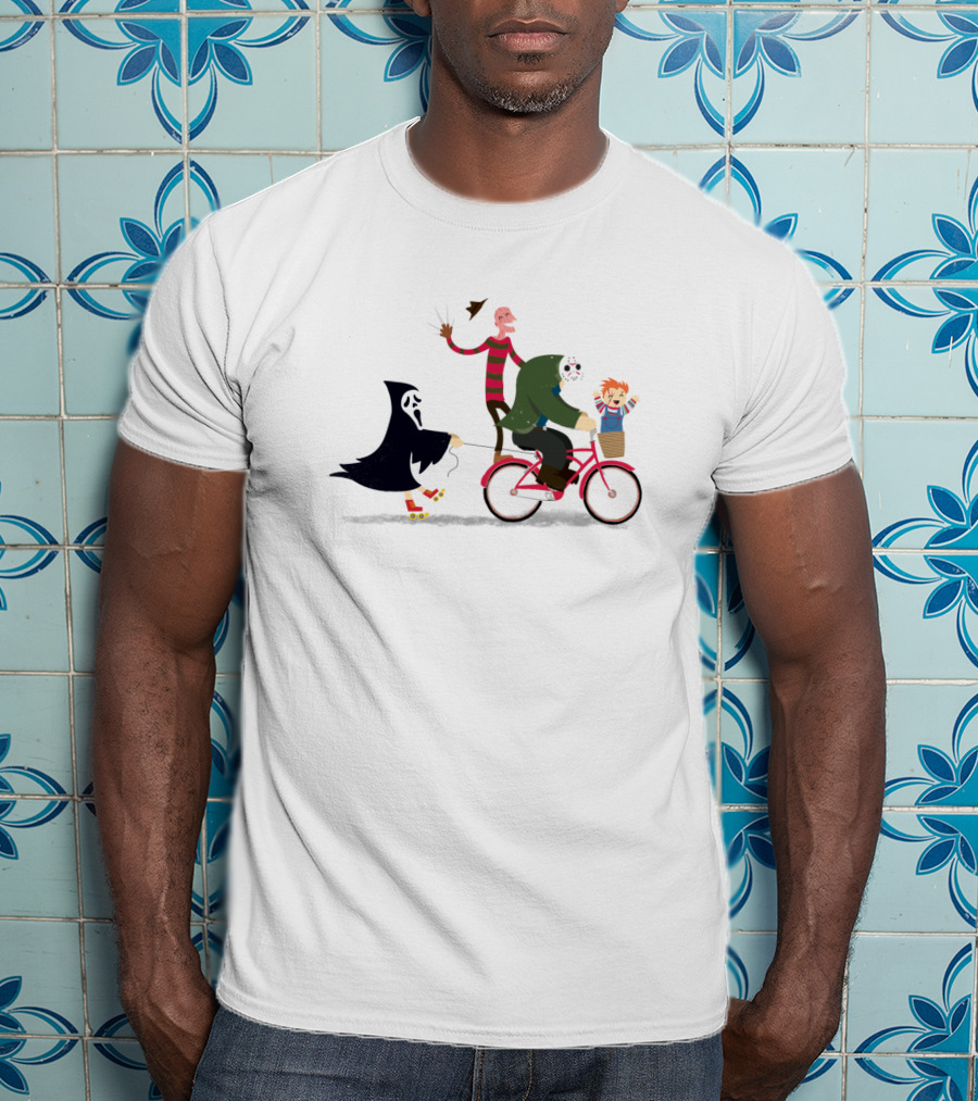 Horror Characters Night Ride With Ghost Mask Freddy Jason And Doll On Bicycle T-Shirt