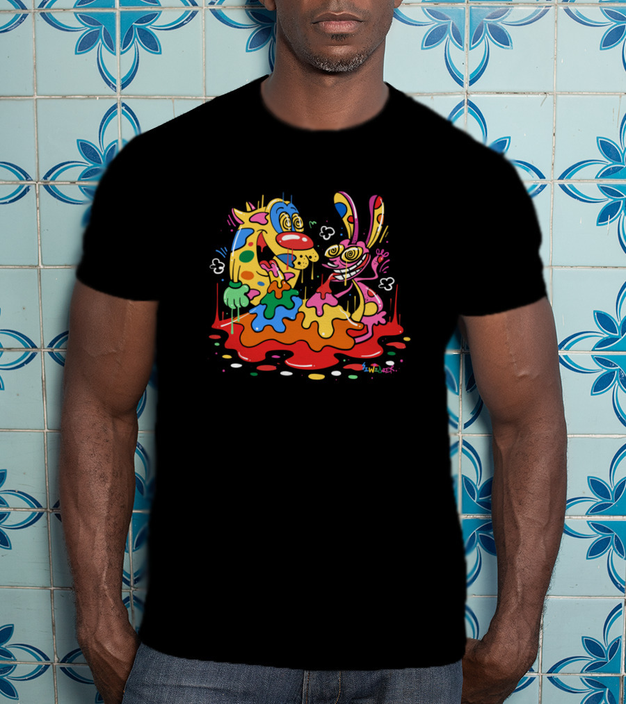 Ren And Stimpy Psychedelic Colorful Splatter T-Shirt