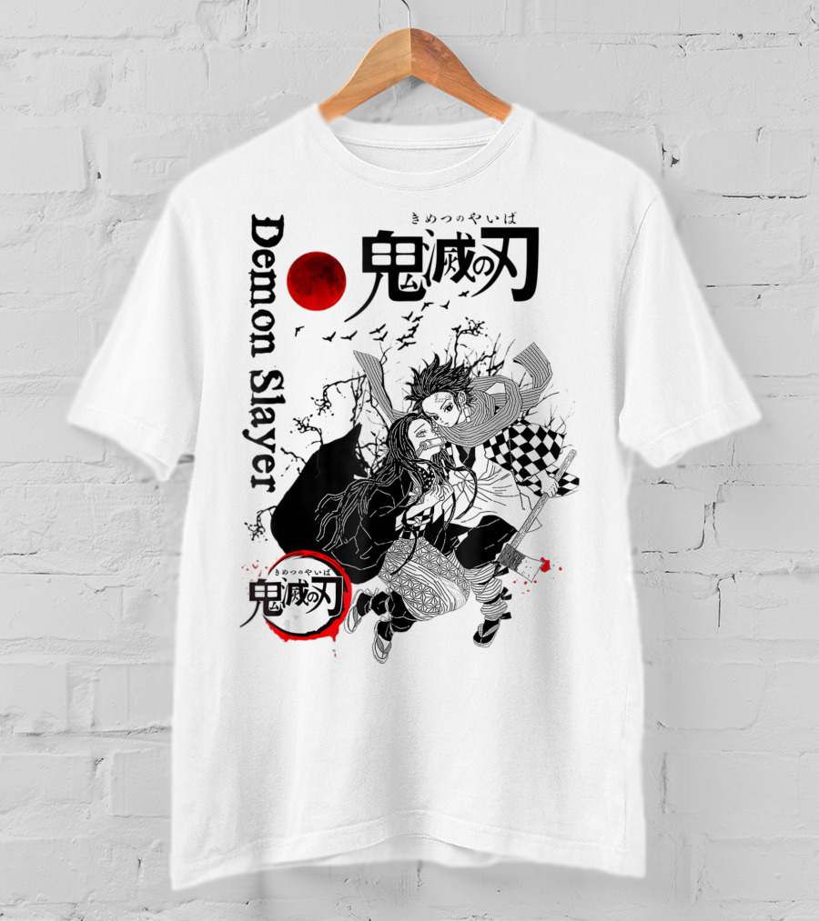 Demon Slayer Black And White Arts Anime With Red Moon T-Shirt