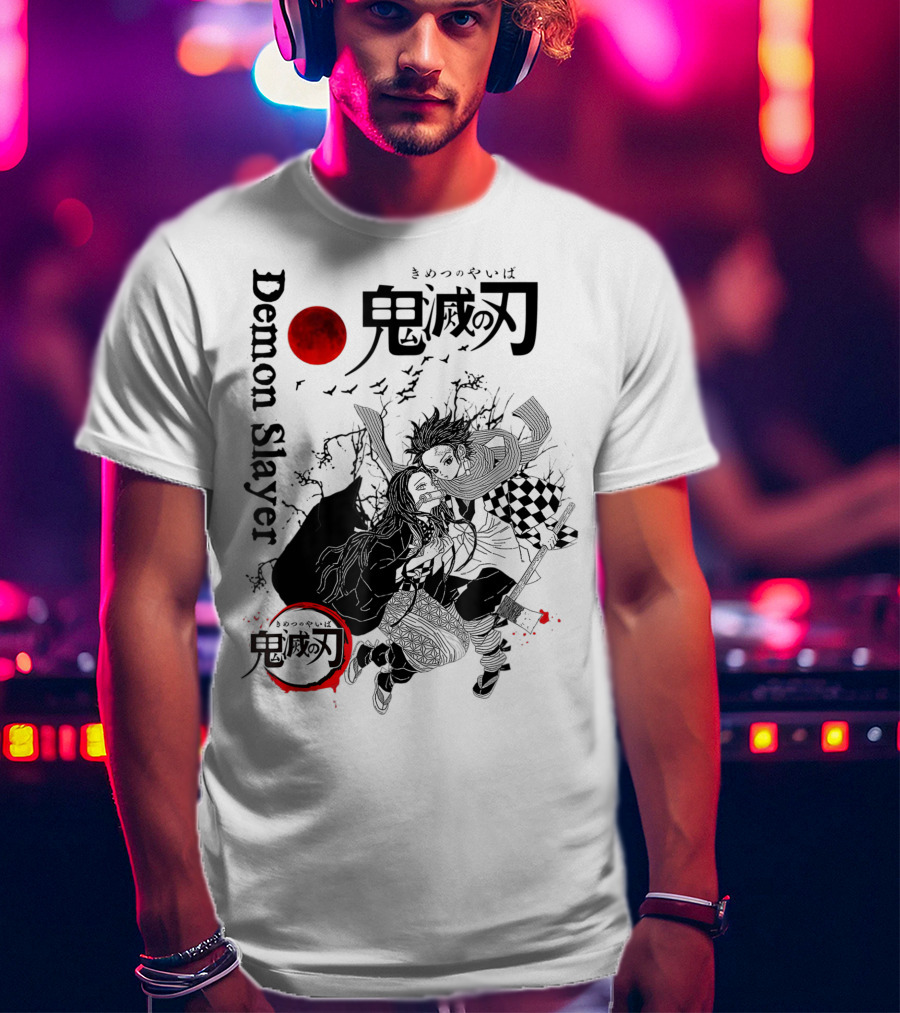 Demon Slayer Black And White Arts Anime With Red Moon T-Shirt