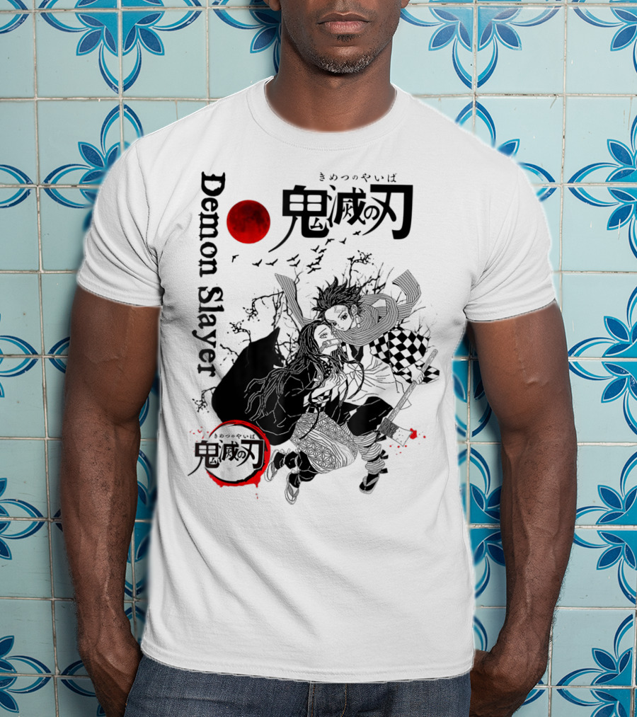 Demon Slayer Black And White Arts Anime With Red Moon T-Shirt