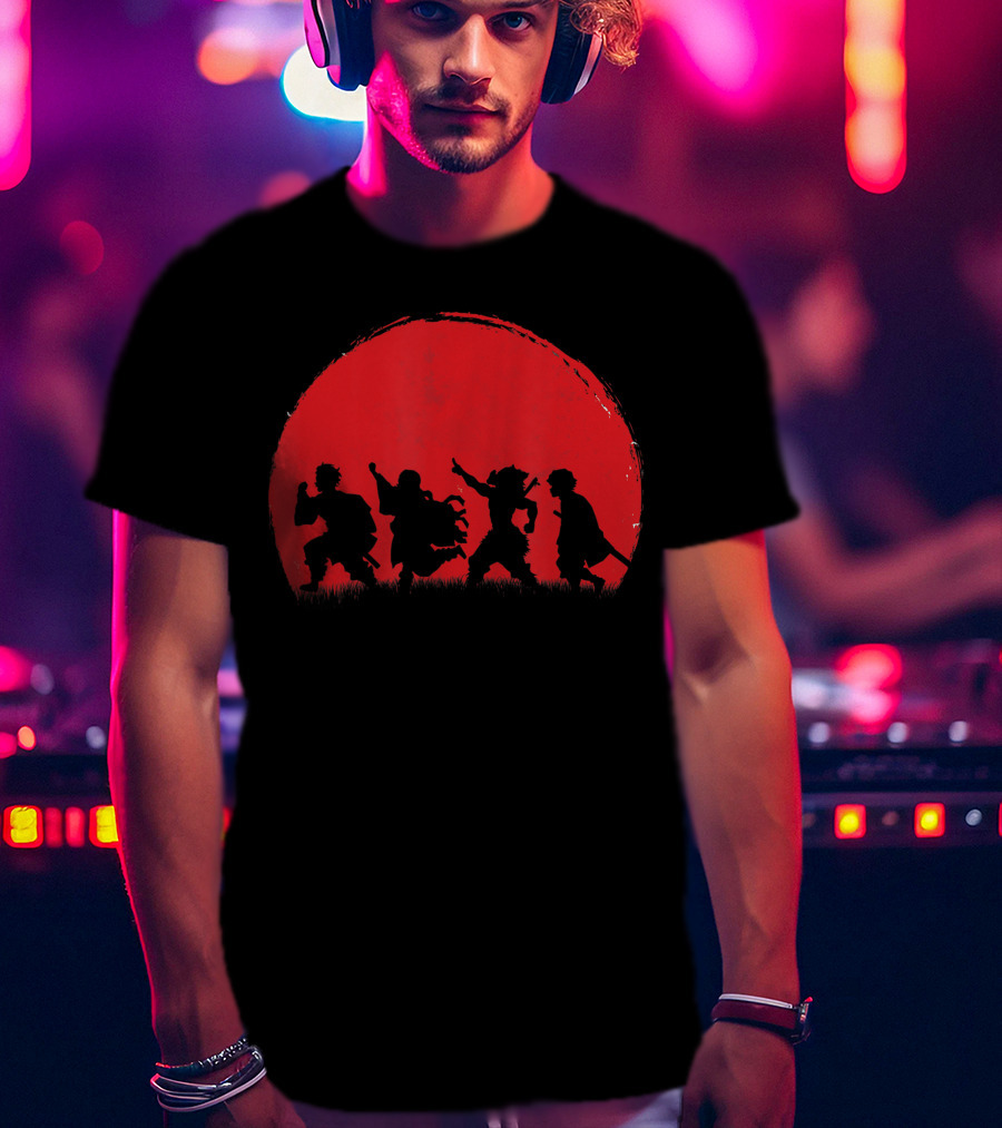 Cute Anime Demon Slayers Silhouette Against Blood Moon T-Shirt