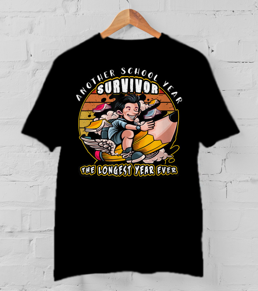 Another School Year Survivor The Longest Year Ever Retro Cartoon Pencil Ride T-Shirt