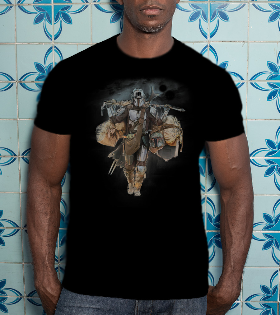Star Wars The Mandalorian Mando Carrying The Child Under Moonlit Sky T-Shirt