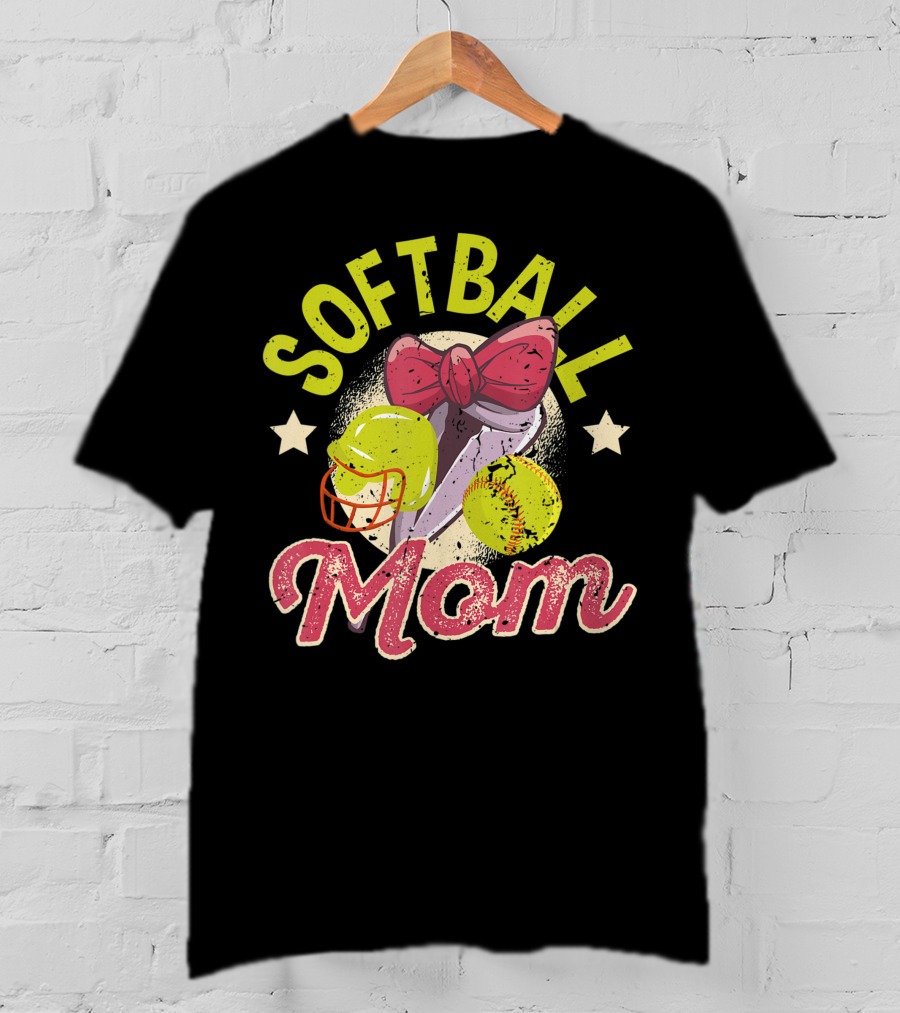 Softball Mom Mother's Day Softball Mama Bow Helmet Ball T-Shirt
