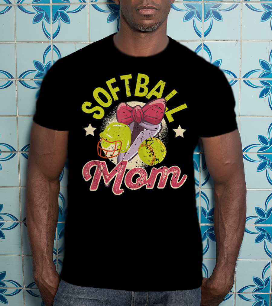 Softball Mom Mother's Day Softball Mama Bow Helmet Ball T-Shirt