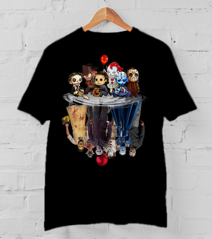 Cute Horror Movie Chibi Character Water Reflection Iconic Figures T-Shirt