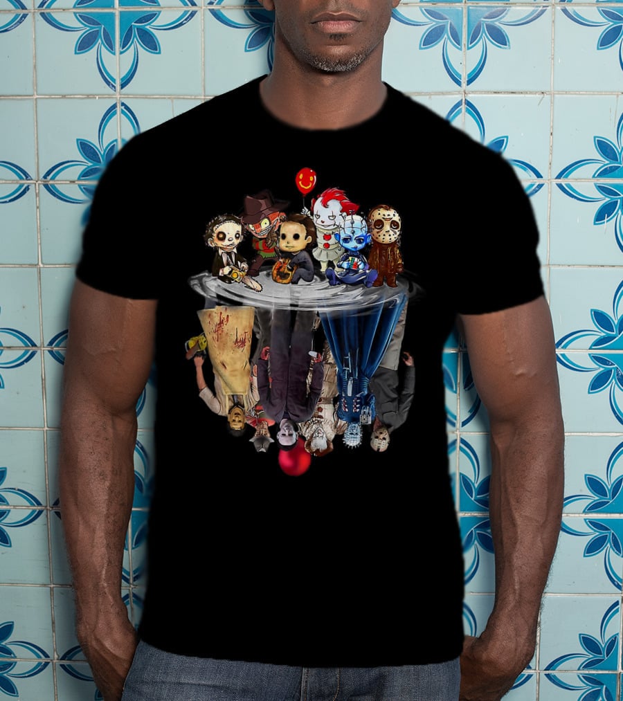 Cute Horror Movie Chibi Character Water Reflection Iconic Figures T-Shirt