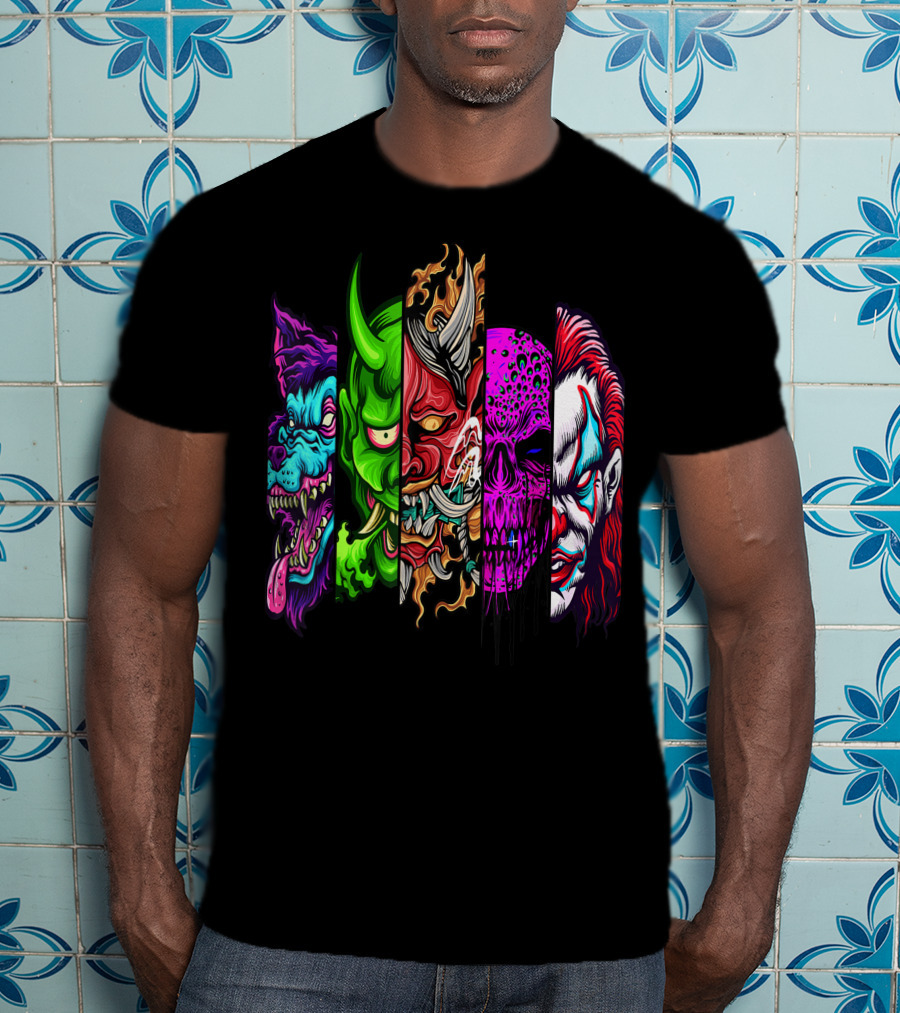 Evil Demons Horror Creatures Scary Halloween Monster Faces T-Shirt