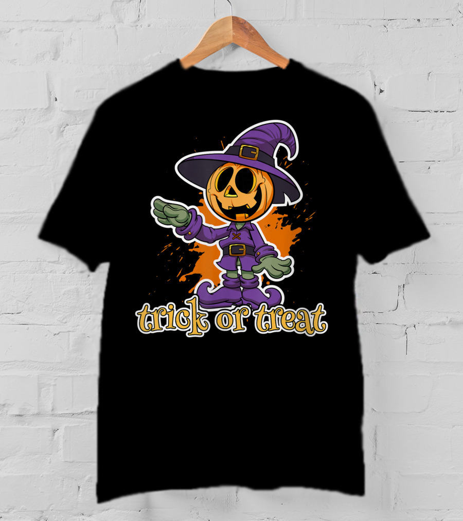 Trick Or Treat Funny Halloween Pumpkin In Witch Hat T-Shirt