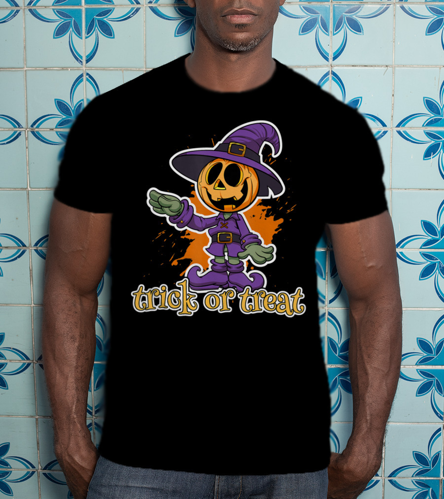 Trick Or Treat Funny Halloween Pumpkin In Witch Hat T-Shirt