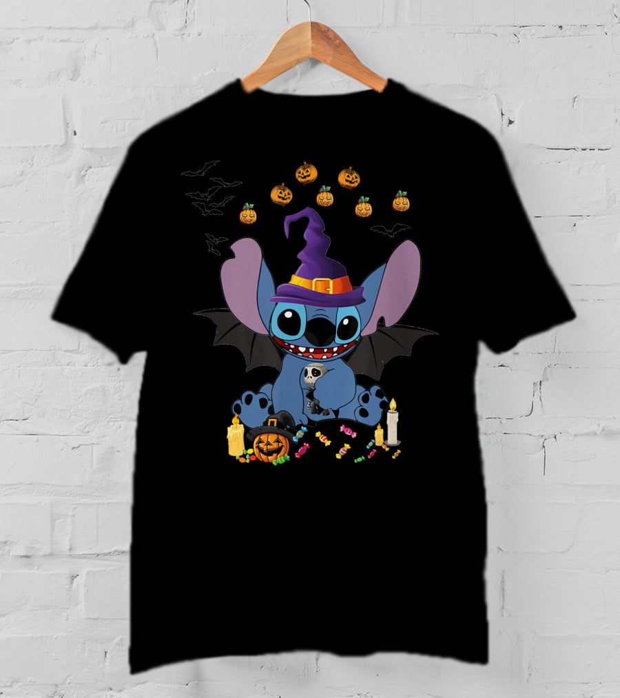 Stitch In Witch Hat Surrounded By Pumpkins And Candies T-Shirt