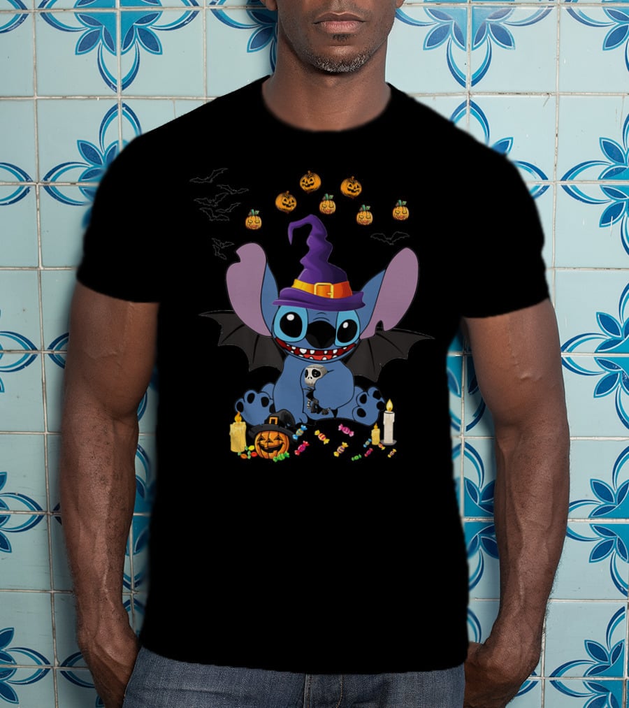 Stitch In Witch Hat Surrounded By Pumpkins And Candies T-Shirt