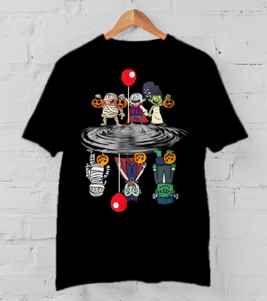 Halloween Horror Characters Reflection In Water With Red Balloons T-Shirt