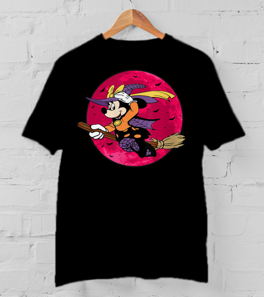 Happy Halloween Witch Costume Broomstick Against Pink Moon With Bats T-Shirt
